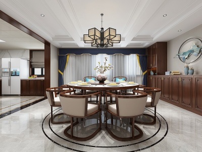 3d新中式客厅餐厅厨房模型