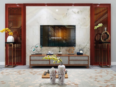 3d新中式电视墙电视柜组合模型