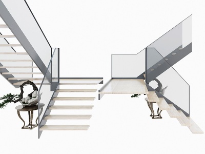 3d工业风楼梯玻璃扶手组合模型