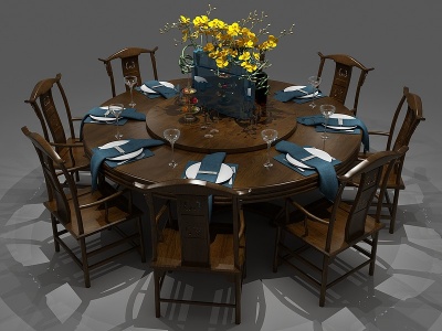 中式餐桌餐桌椅圆桌模型3d模型