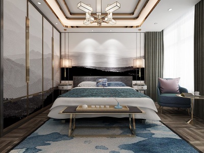 3d新中式卧室双人床床尾凳模型