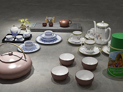3d现代茶具茶杯陶瓷水壶模型