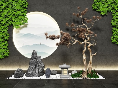 新中式园艺小品假山松树模型3d模型