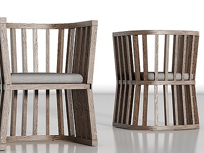 3d新中式休闲实木单椅组合模型