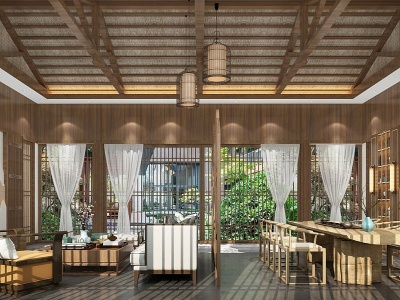 3d新中式民宿风客餐厅模型