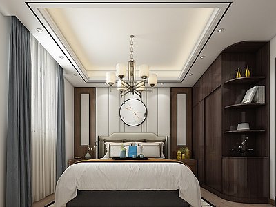 3d新中式卧室床背景衣柜模型