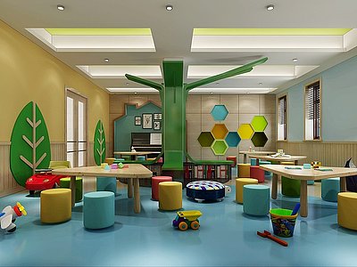 3d现代幼儿园教室玩具桌椅模型