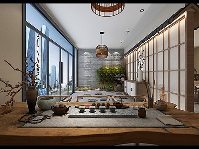 3d新中式办公室背景墙办公桌模型