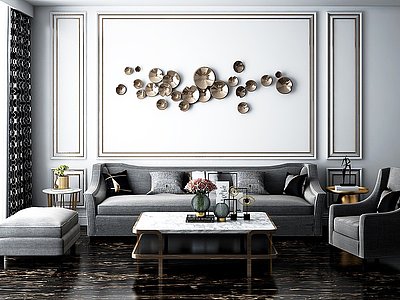 3d现代轻奢客厅沙发窗帘组合模型