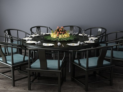 3d中式餐桌餐桌椅圆桌模型