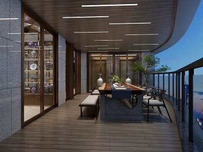 3d新中式阳台入户花园茶室模型