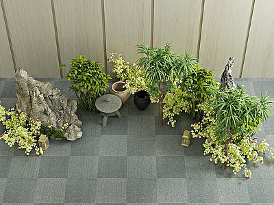 3d现代绿植盆栽植物假山模型