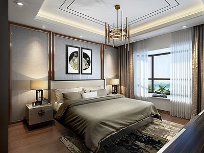 新中式主卧室吊灯床品组合模型3d模型