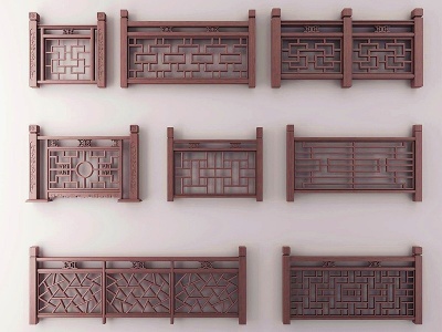 3d中式实木雕花栏杆模型