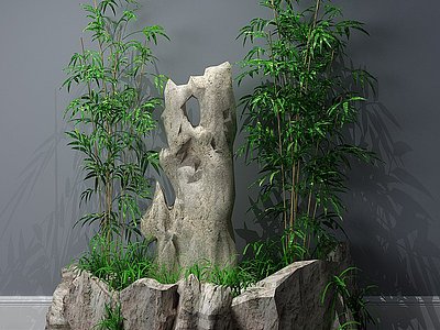 3d中式植物小品假山喷泉模型