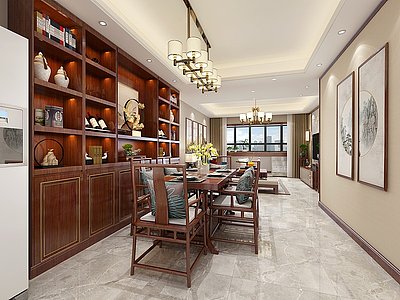 3d中式客餐厅沙发餐桌酒柜模型