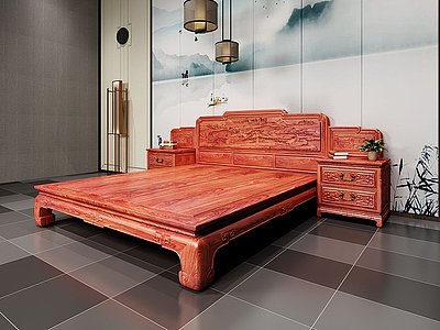 3d中式古典雕刻红木床模型