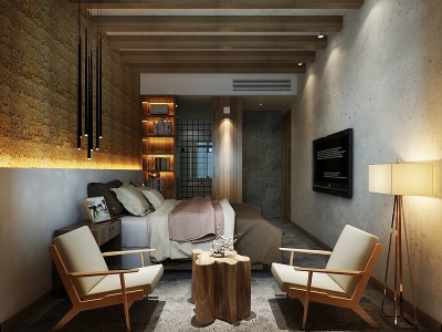 3d新中式民宿客房酒店模型