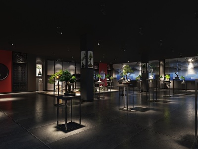 新中式罗汉松盆栽展厅模型3d模型