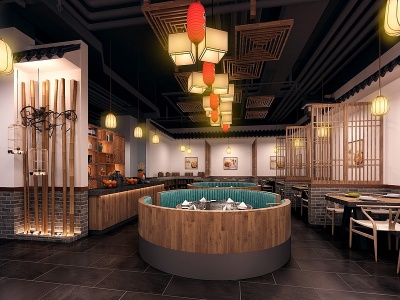 3d中式餐厅烧烤店圆形卡座模型
