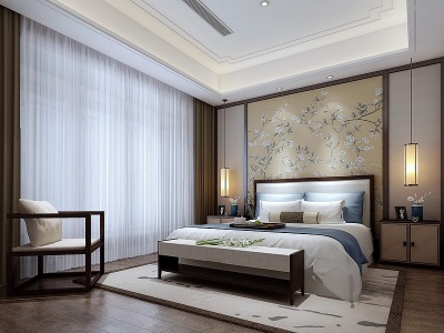 新中式卧室床地毯吊灯模型3d模型