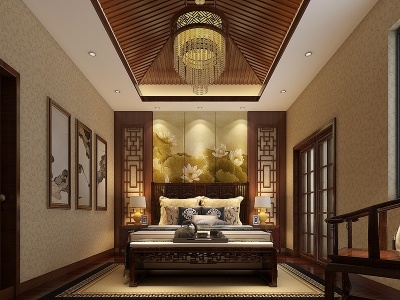 3d中式卧室床吊灯地毯装饰画模型