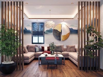 3d新中式客厅沙发装饰品模型