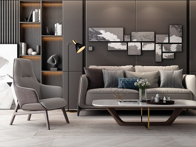 3d现代沙发茶几组合休闲单椅模型