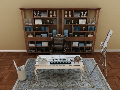 欧式书桌椅书柜书架组合模型3d模型