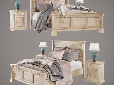 3d美式双人床床头柜模型组合模型