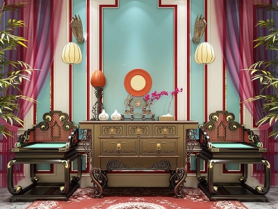 3d中式古典彩绘玄关墙背景墙模型