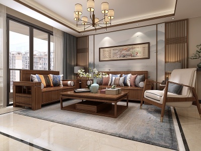 3d新中式客厅实木沙发组合模型
