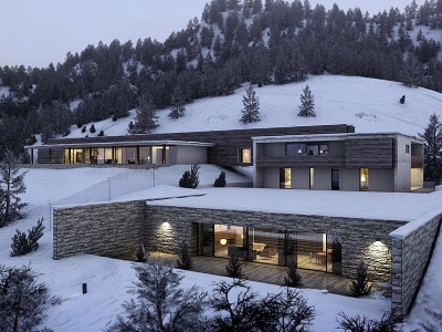 3d雪景雪山冬天別墅建筑庭院模型