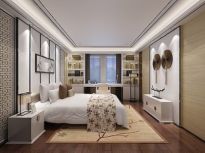 新中式卧室床电视柜背景墙模型3d模型