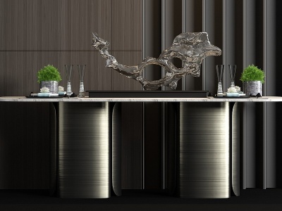 3d新中式拉丝金属餐桌餐具模型