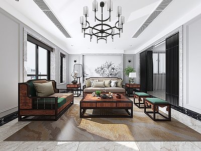 3d新中式客厅沙发茶几组合台模型