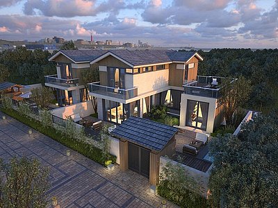 3d新中式独栋别墅建筑外观模型