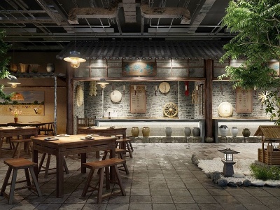 自然风民俗民宿新中式餐厅模型