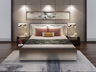 3d现代床床头柜台灯模型
