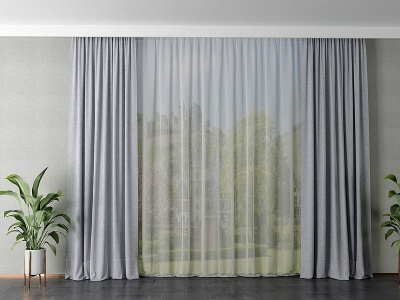3d现代窗帘直挂窗帘绿植模型