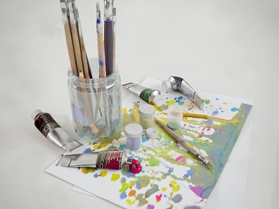 3d现代画笔颜料美术用品组合模型