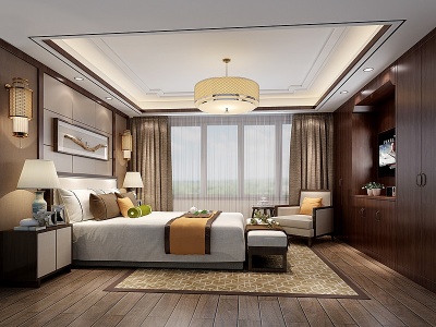 新中式卧室床床头柜模型3d模型