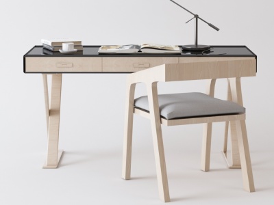 北欧书桌椅台灯实木书桌椅模型3d模型