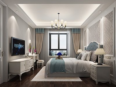 欧式卧室床电视柜吊灯模型3d模型