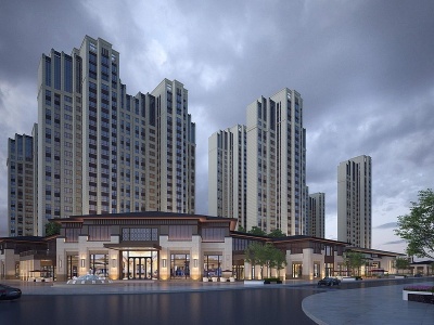 3d新中式商业街高层住宅小区模型