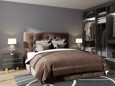 3d现代双人床衣柜床头柜台灯模型