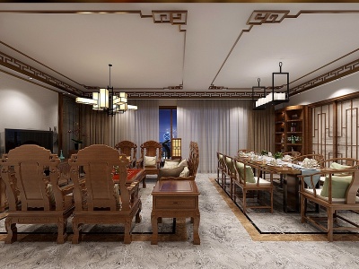 3d现代中式客厅餐厅模型
