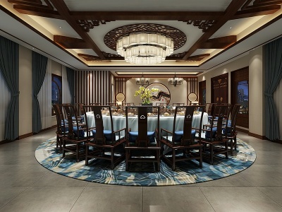 3d中式酒店包间圆形餐桌模型