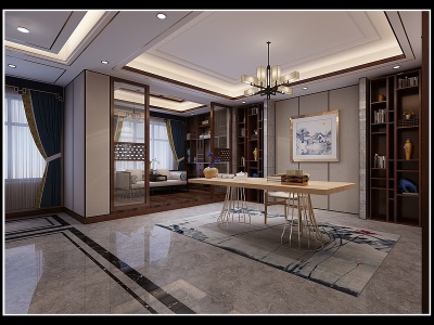 3d新中式别墅客餐厅模型