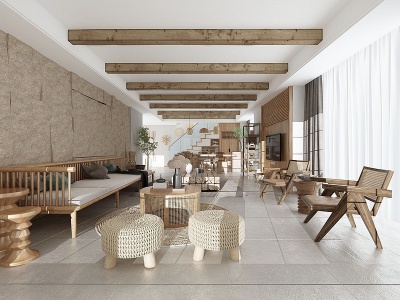 新中式自然风民宿客厅餐厅模型3d模型